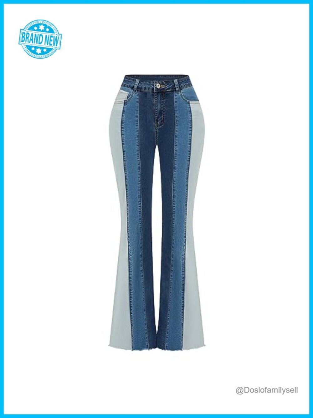 Women Patchwork Flare Jeans Stretch High Waisted Bell Bottom Raw Hem Denim Pants